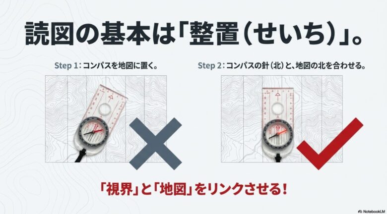 地図の上にコンパスを置き、磁針の北と地図の北を合わせることで、視界と地図をリンクさせる「整置」の正しい手順を示すイラスト