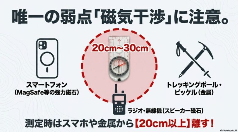 スマホ、金属、無線機などの干渉源からコンパスを20cmから30cm以上離して測定する必要性を説明するイラスト