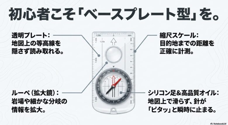 透明プレート、縮尺スケール、ルーペ、高品質オイルなど、ベースプレート型コンパスの主要なパーツとその役割を説明する図解