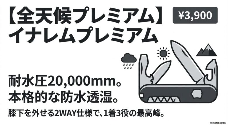 イナレムプレミアム（3900円）の耐水圧20,000mmと2WAY仕様を解説するスライド。十徳ナイフのイラストで多機能さを表現