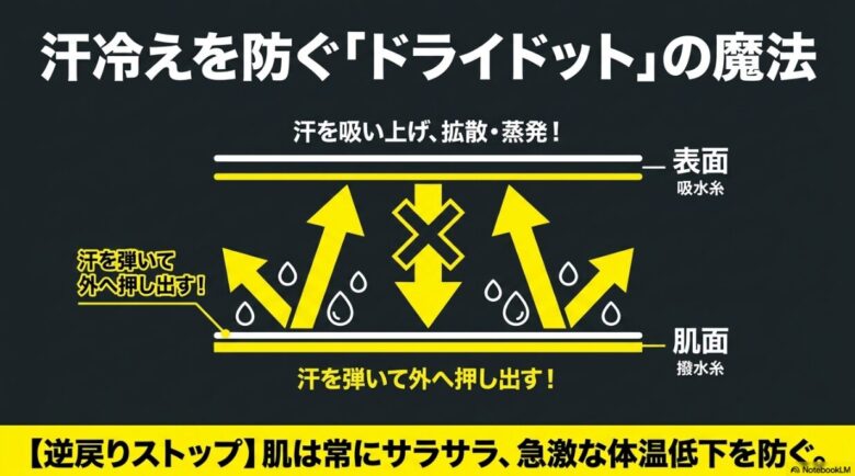 表面の吸水糸が汗を拡散し、肌面の撥水糸が汗を弾いて外へ押し出す「ドライドット」の二重構造を説明した図解スライド。
