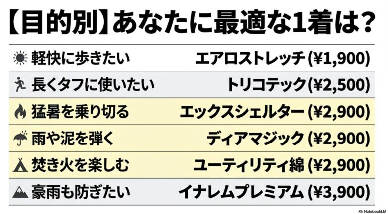目的別に最適なパンツを一覧表にしたスライド。軽快に歩きたい、長く使いたい、猛暑、雨、焚き火、豪雨といったシーン別の推奨モデルまとめ。