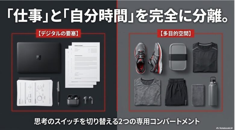 ビジネス書類(WORK)とジム用シューズ・ウェア(CLIMB)を完全に分離して収納できるセオンシリーズの内部構造イメージ図