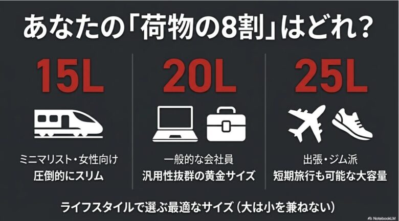 ミニマリスト向けの15L、汎用性の高い20L、出張・ジム派向けの25Lなど、荷物量とライフスタイルに合わせたサイズ選びの目安表