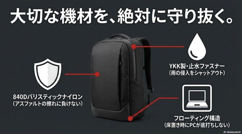 YKK製止水ファスナー、840Dバリスティックナイロン、PCを守るフローティング構造など、デバイスを保護する3つの技術解説