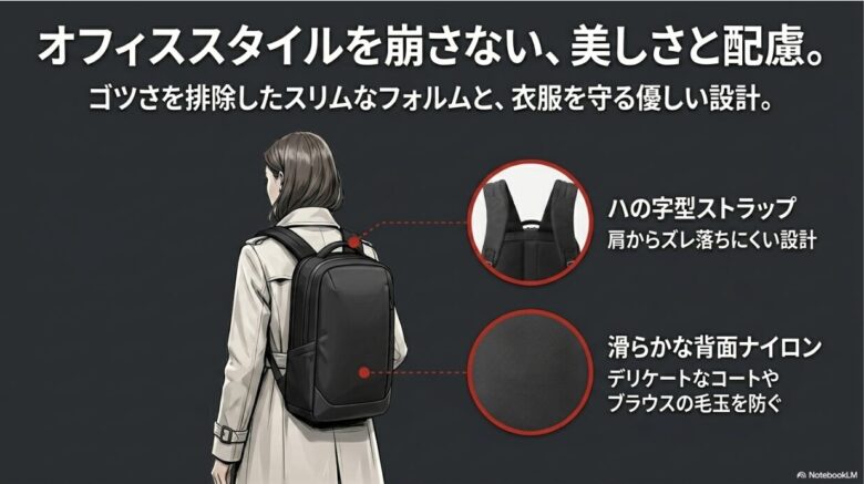 ズレ落ちにくいハの字型ストラップと、コートの毛玉を防ぐ滑らかな背面素材を解説した、女性の装着イメージ図
