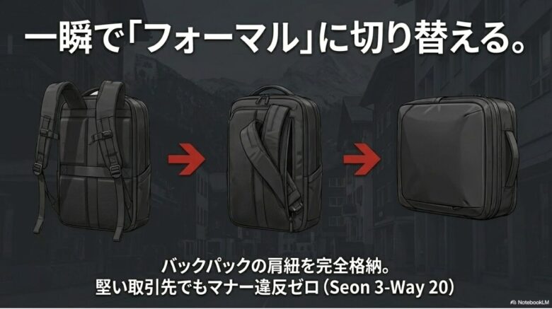 バックパックから手提げブリーフケースへ変える際、肩紐を完全に背面に隠せるギミックの解説スライド