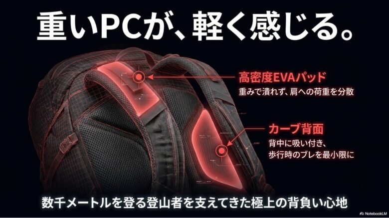 肩への荷重を分散するEVAパッドと、歩行時のブレを最小限にするカーブ背面構造により、体感重量を軽減する仕組みの図解