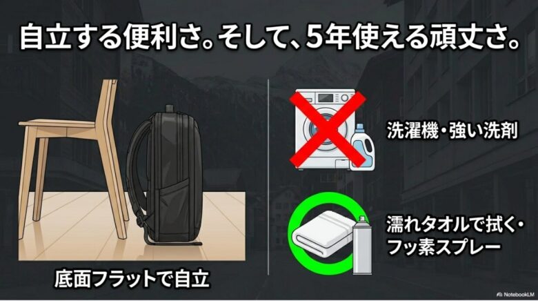 底面がフラットで自立する様子と、洗濯機NG・濡れタオル拭き推奨といったメンテナンスの注意点まとめ