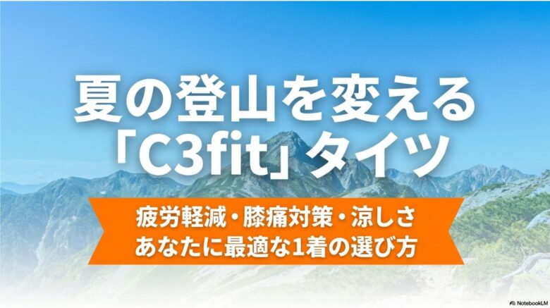 夏の登山を変えるC3fitタイツ。疲労軽減、膝痛対策、涼しさをテーマにした、あなたに最適な1着の選び方のタイトルスライド