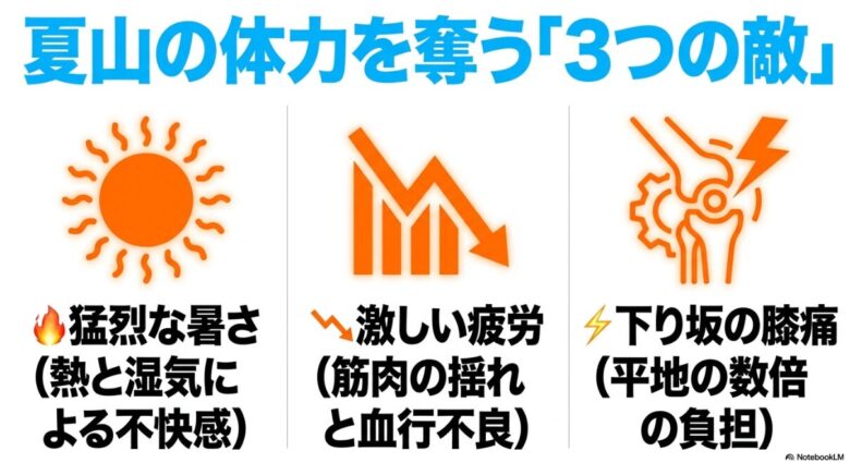 夏山の体力を奪う要因として、猛烈な暑さ（熱と湿気）、激しい疲労（筋肉の揺れ）、下り坂の膝痛（平地の数倍の負担）を挙げた解説図