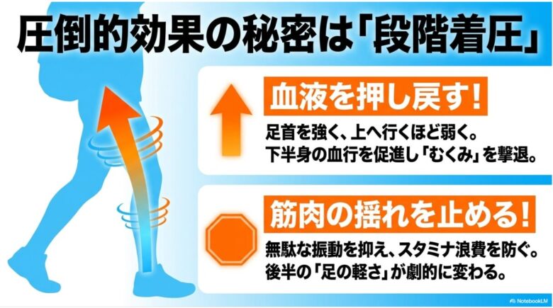 段階着圧により足首を強く、上へ行くほど弱く圧力をかけることで血行を促進し、筋肉の無駄な振動を抑えてスタミナ浪費を防ぐ仕組みの解説