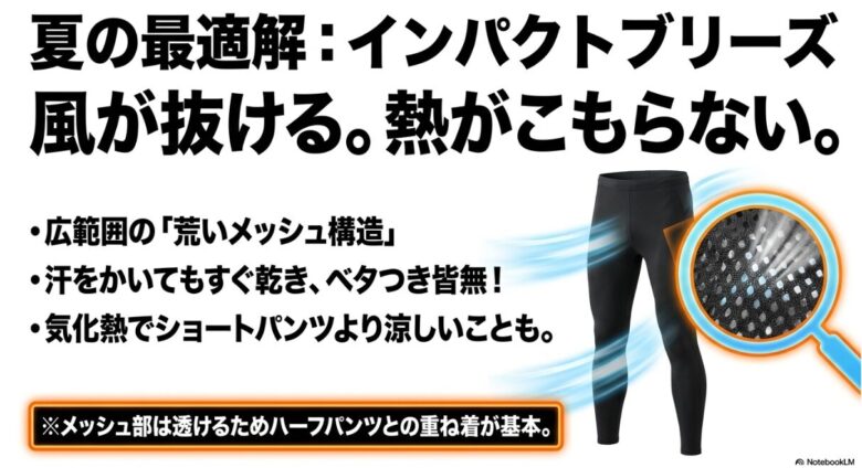 インパクトブリーズタイツの拡大写真。広範囲に施された荒いメッシュ構造により、風が抜け熱がこもらない仕組みを説明