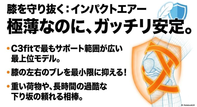 最もサポート範囲が広い最上位モデル「インパクトエアー」が、膝の左右のブレを最小限に抑え、過酷な下り坂の相棒になることの解説