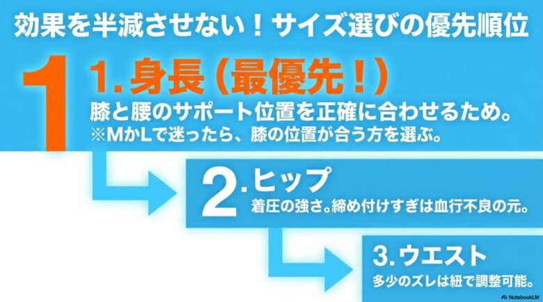 サイズ選びの優先順位として、1位に身長（最優先）、2位にヒップ、3位にウエストを挙げた解説図。