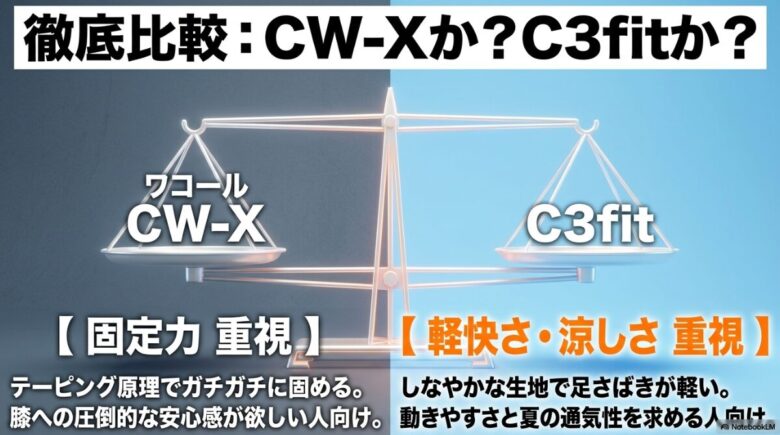 ワコールのCW-X（テーピング原理でガチガチに固める固定力重視）と、C3fit（しなやかな生地で足さばきが軽い軽快さ・涼しさ重視）の比較図