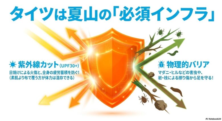UPF30+による紫外線カットで疲労蓄積を防ぎ、マダニやヒル、枝による擦り傷から足を守る物理的バリア機能の解説