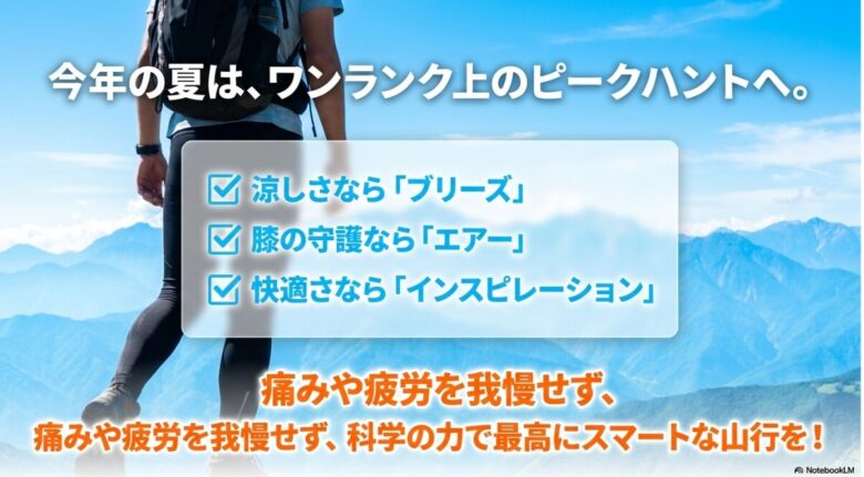 涼しさのブリーズ、膝の守護のエアー、快適さのインスピレーションのまとめ。痛みや疲労を我慢せずピークハントを目指すメッセージ。