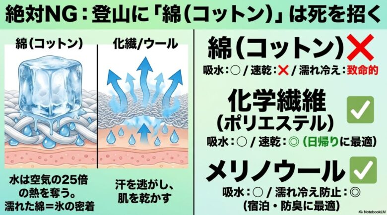 綿(コットン)と化繊・ウールの機能比較図 。綿は水を吸うと氷を密着させているように熱を奪い致命的である一方で 、化学繊維やメリノウールは汗を逃がして肌を乾かす仕組みを解説 。