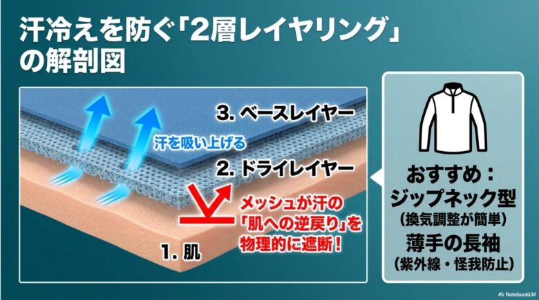 綿(コットン)と化繊・ウールの機能比較図 。綿は水を吸うと氷を密着させているように熱を奪い致命的である一方で 、化学繊維やメリノウールは汗を逃がして肌を乾かす仕組みを解説