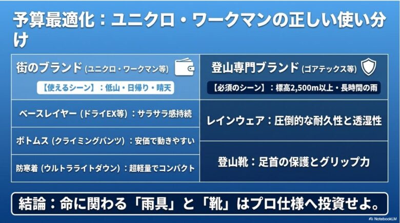 低山や晴天時はユニクロ・ワークマン等の街のブランドを活用し、標高2,500m以上や雨天時は登山専門ブランドを必須とする使い分け表 。命に関わる「雨具」と「靴」にはプロ仕様へ投資すべきとの結論 。
