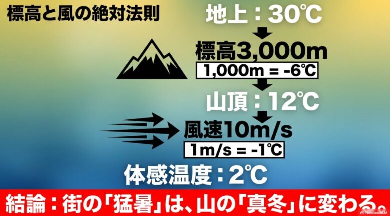 標高3,000mにおける体感温度のシミュレーション 。地上30℃でも、標高差による気温低下と風速10m/sの影響で、体感温度が2℃(真冬並み)まで下がる計算式