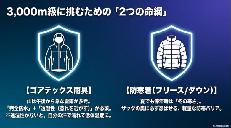 登山に必要な2つの命綱の解説 。完全防水・透湿性を持つゴアテックス雨具の必要性と 、夏でも停滞時の「冬の寒さ」から身を守るための軽量な防寒バリア(フリース/ダウン)の重要性 。