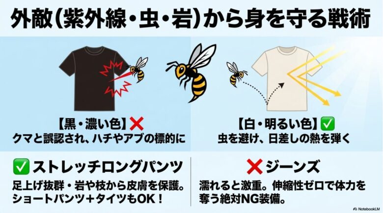 黒や濃い色はハチの標的になりやすく 、白や明るい色は虫を避け日差しを弾くという対比図 。足を保護するストレッチパンツの推奨と、絶対NG装備としてのジーンズの解説 。