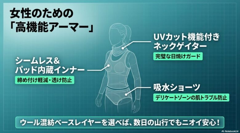 女性特有の悩みを解決する装備リスト 。UVカットネックゲイター、シームレスで透けにくいインナー、肌トラブルを防ぐ吸水ショーツ、数日の山行でもニオイを抑えるウール混ベースレイヤーの紹介