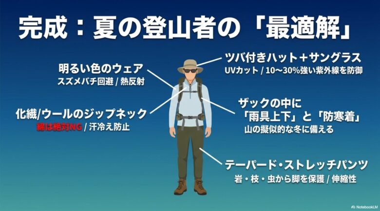 理想的な夏山装備の全身図 。明るい色のウェア、ジップネックシャツ、ツバ付きハット、サングラスを着用し、ザックには雨具上下と防寒着を常備した状態の解説