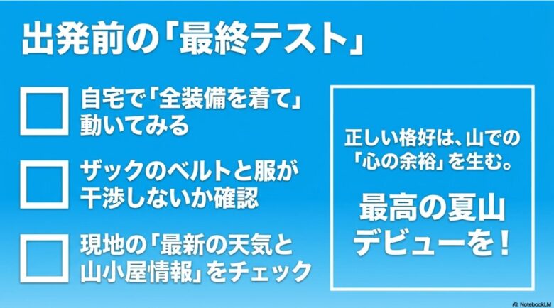 自宅で全装備を着用して動いてみるテスト 。ザックのベルトとの干渉確認や、現地の最新天気・山小屋情報をチェックすることで、山での心の余裕が生まれるというメッセージ 。