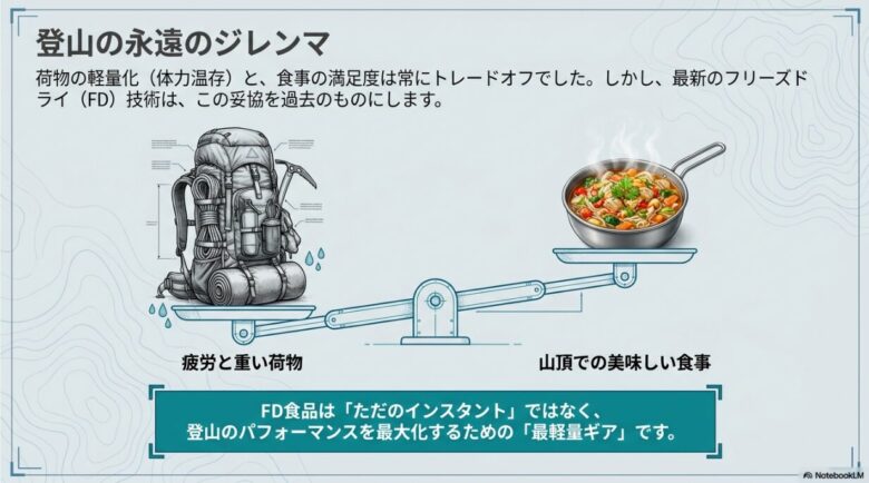 天秤の左側に重いザック、右側に温かい料理が載っており、軽量化と満足度のバランスを表現した図解