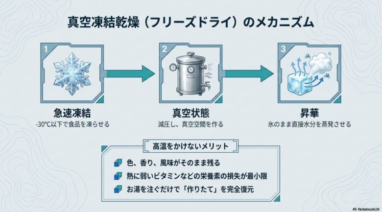 急速凍結、真空状態、昇華の3ステップを解説した図と、栄養素が残り復元性が高いというメリットの記載