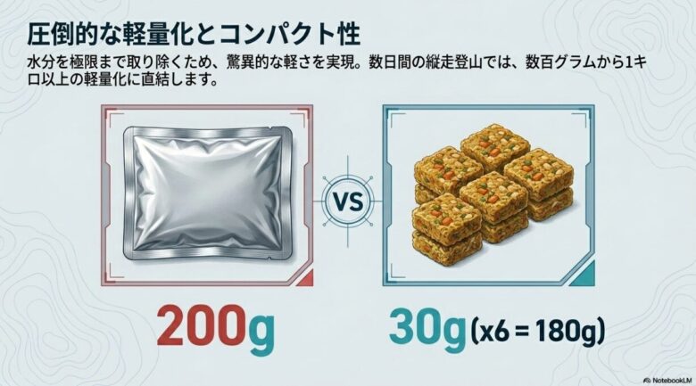 レトルト食品200gに対し、フリーズドライは6食分でも180g(1食30g)という驚異的な軽さを比較したイラスト