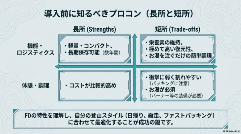 軽量・長期保存・高い復元性といった長所と、割れやすさ・コスト・お湯が必須といった短所をまとめた比較表