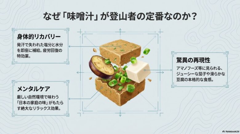 身体的リカバリー、メンタルケア、驚異の再現性(茄子や豆腐の食感)について解説した図。