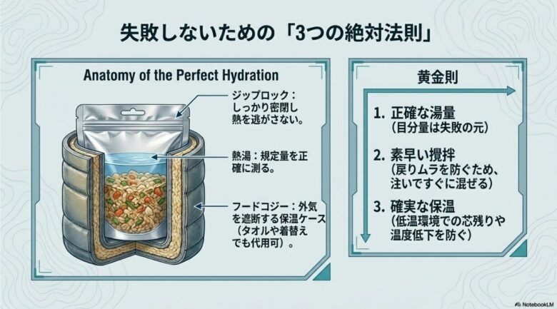 フードコジー(保温ケース)の断面図と、正確な湯量・素早い攪拌・確実な保温の3原則の解説