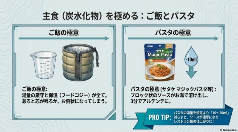 ご飯の保温の重要性と、サタケ「マジックパスタ」で湯量を10ml減らして濃厚にするプロの技の紹介