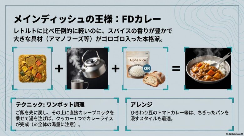 具材がゴロゴロ入ったカレーのイメージと、ご飯の上に乗せてお湯を注ぐワンポット調理の解説。