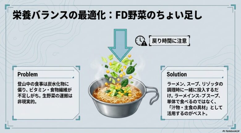 炭水化物に偏りがちな山ごはんの課題と、汁物や主食に野菜を「ちょい足し」する解決策の図解