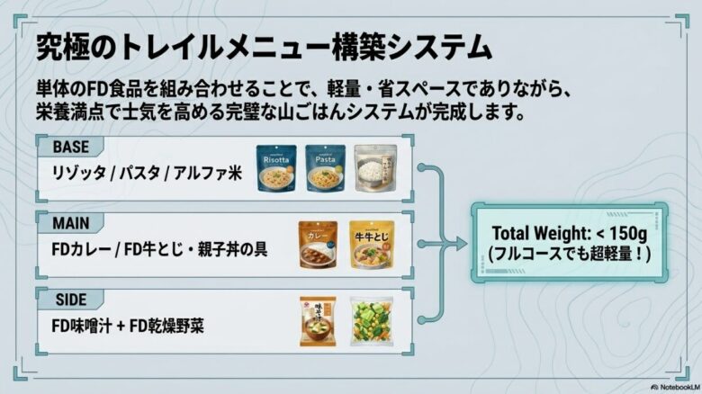 ベース(リゾッタ等)、メイン(カレー等)、サイド(味噌汁等)を組み合わせても合計重量が150g未満になるシステムの提案