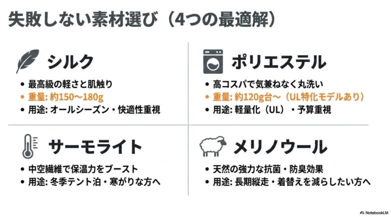 シルク、サーモライト、ポリエステル、メリノウールの重量・特徴・用途をまとめたスライド