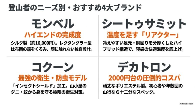 モンベル、コクーン、シートゥサミット、デカトロンの各ブランドの特徴と代表モデルをまとめたスライド