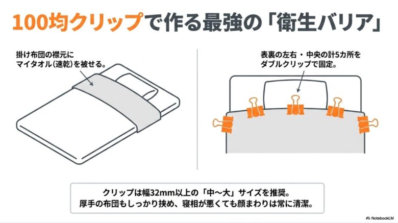 掛け布団の襟元にタオルを被せ、5カ所をダブルクリップで固定する方法を図解したスライド
