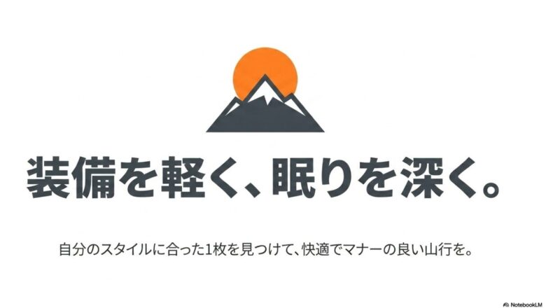 「装備を軽く、眠りを深く。」というキャッチコピーとロゴが描かれたエンディングスライド
