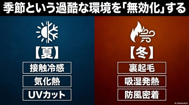 夏は接触冷感・気化熱・UVカット、冬は裏起毛・吸湿発熱・防風密着といった、季節ごとの機能一覧