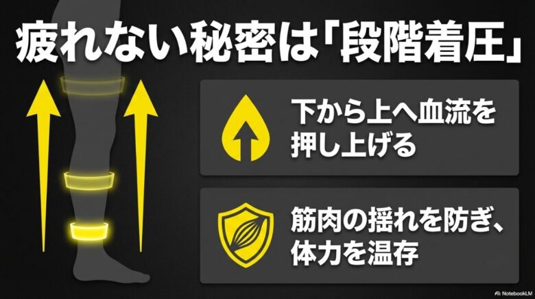 下から上へ血流を押し上げ、筋肉の揺れを防いで体力を温存する段階着圧のイメージ図