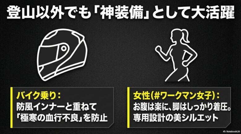 バイク乗りの血行不良防止と、ワークマン女子向けの美シルエット・お腹が楽な専用設計の紹介