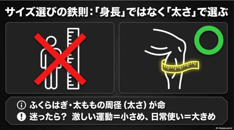 身長ではなく、ふくらはぎや太ももの周径(太さ)で選ぶべきことを示すサイズ選びの注意点