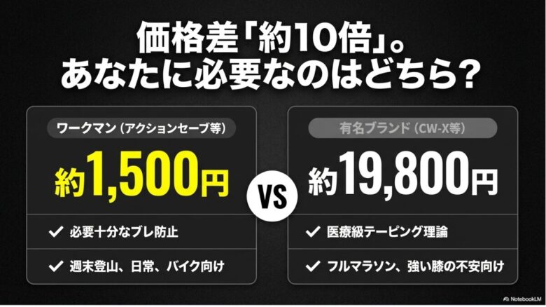ワークマン(約1,500円)と有名ブランド(約19,800円)の価格差と、それぞれの用途(週末登山vsフルマラソン)の比較